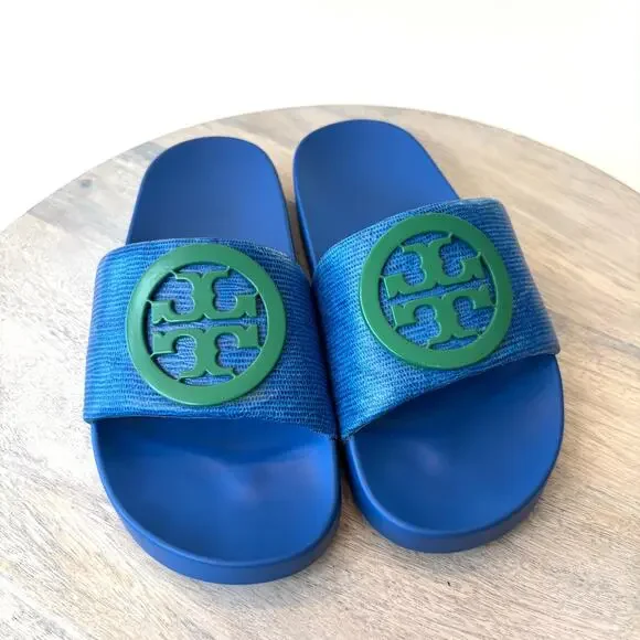 Tory Burch Lina Slide Sandals - Blue Textured with Green Logo - Size 5M US 5